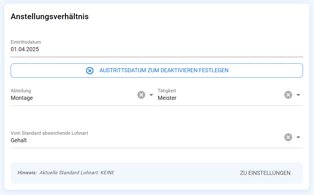 Eintrittsdatum, Austrittsdatum, Tätigkeit und Lohnart