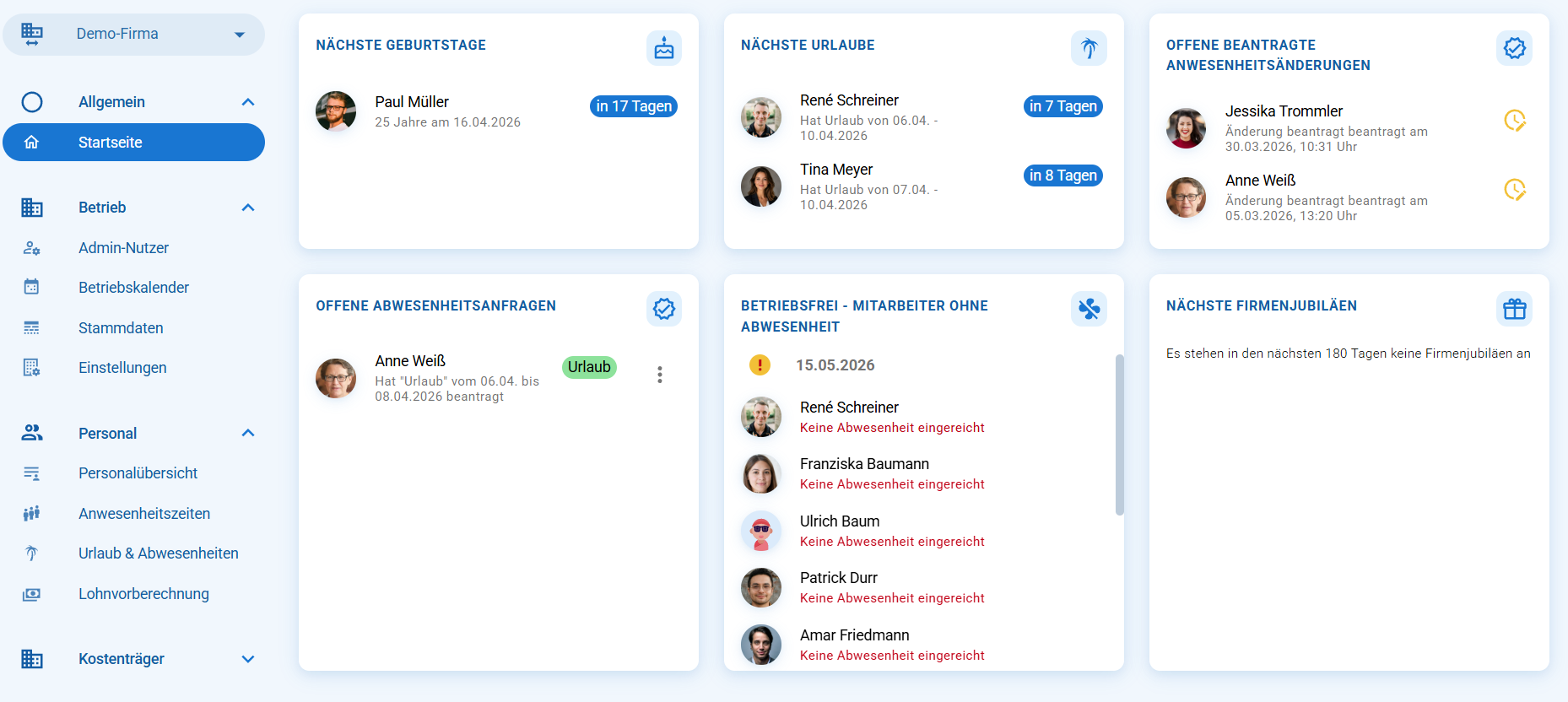 Startseite des Admin-Bereichs mit mehreren Informations- und Aufgabenkacheln