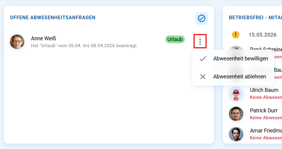 Liste offener Abwesenheitsanfragen mit Aktionsmenü