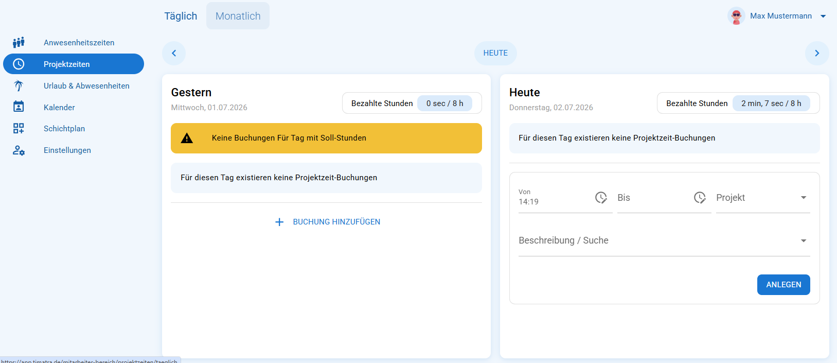 Tab „Täglich“ mit den Karten für gestern und heute sowie dem Formular für eine neue Projektzeit