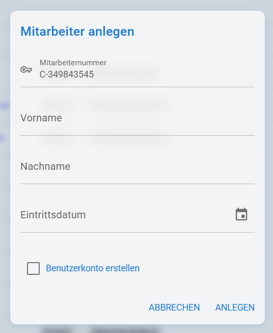 Dialog zum manuellen Anlegen eines Mitarbeiters