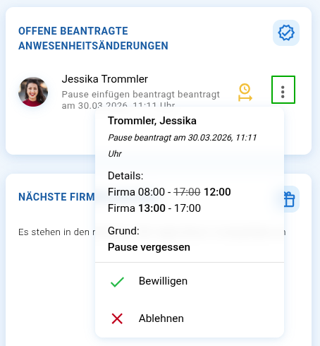 Offene beantragte Anwesenheitsänderung auf der Startseite