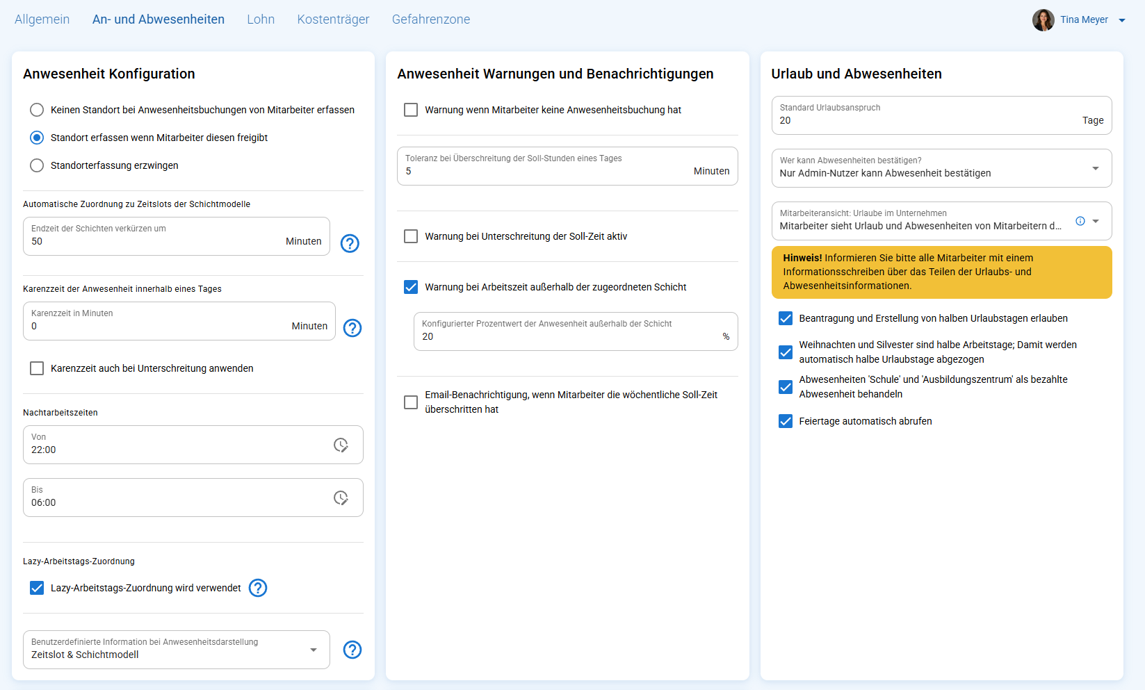 Beispiel für Anwesenheitswarnungen und Benachrichtigungen