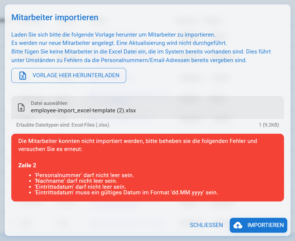 Validierungsfehler beim Mitarbeiter-Import