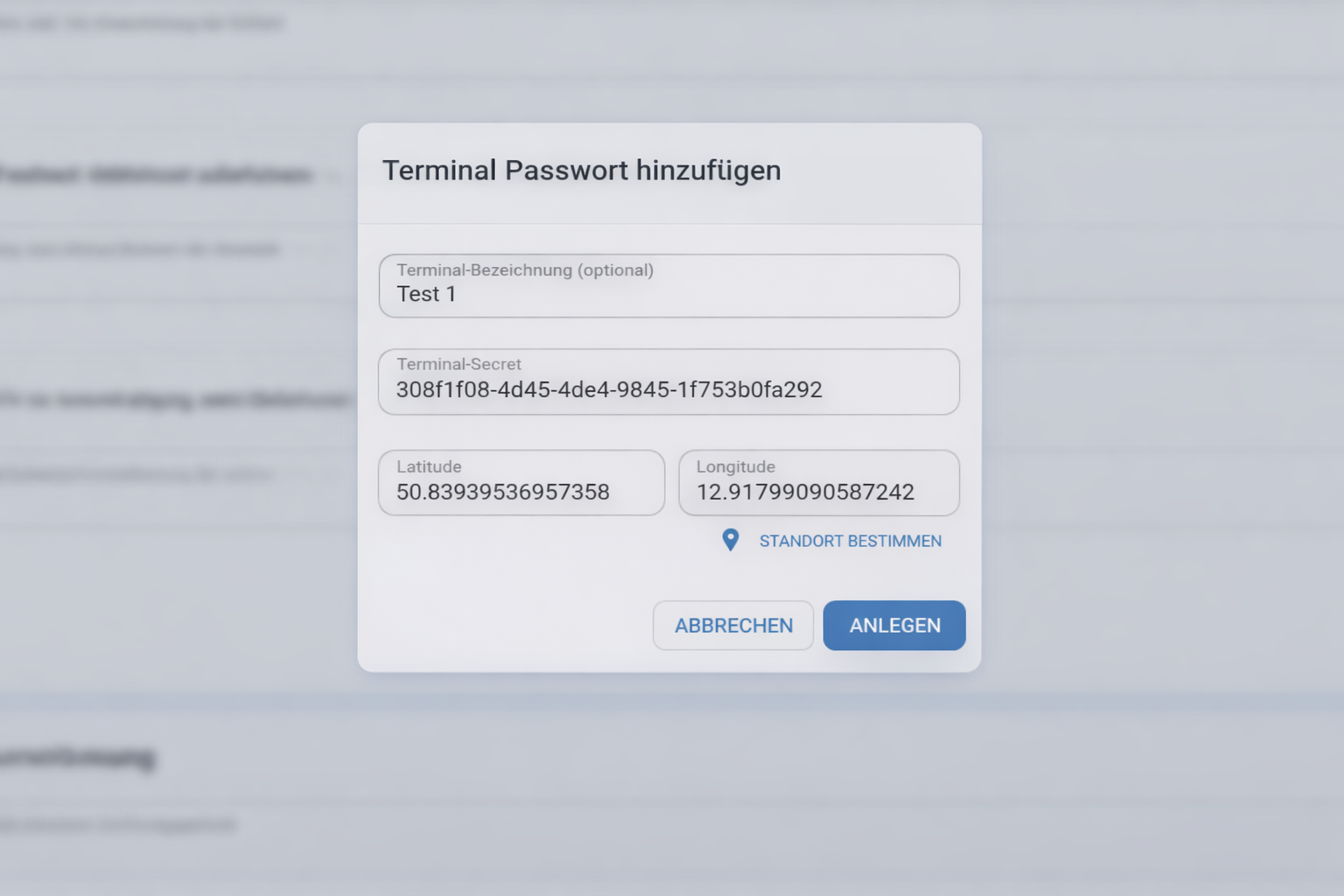Eingabemaske für Terminal-Bezeichnung, Terminal-Secret und Standort